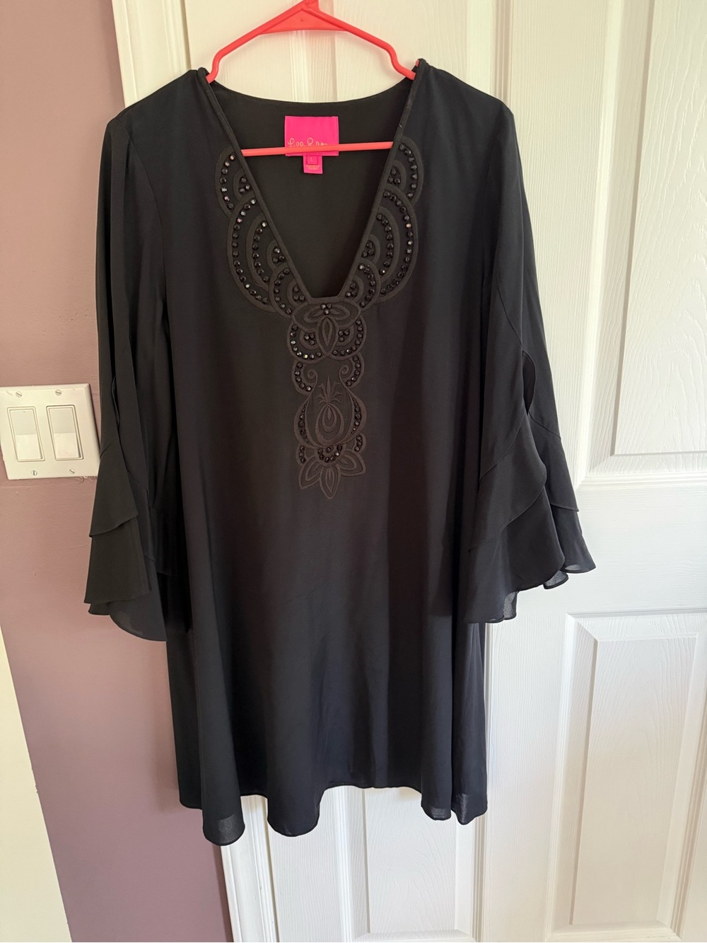 Lilly Pulitzer Black Embellished V-Neck Bell Sleeve Tunic
